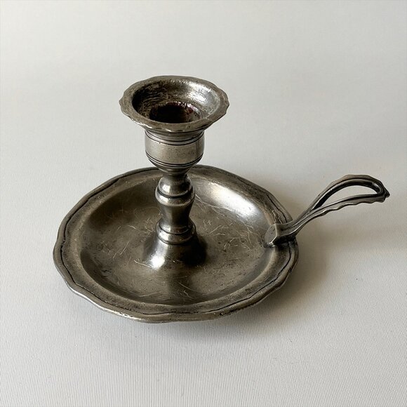 Vtg Pewter Chamberstick Candle Holder Scalloped Floral Rim Finger Handle Marked - Picture 1 of 5